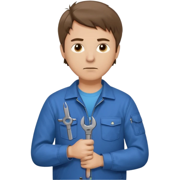 Calm and independent male technician, Caucasian features, short tousled brown hair, serious but composed expression, wearing a blue work jacket over a grey t-shirt, holding a wrench in one hand and a mechanical gear in the other, waist-up, front-facing emoji