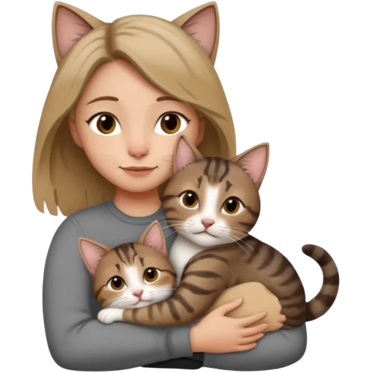 Une femme avec les cheveux dégradée, brun et blond, qui fait un câlin à son chat gris, tigré avec les extrémités que pattes pointe d’oreilles noires et le dessous du menton blanc la fille n’a pas d’oreilles, il n’y a qu’un seul chat emoji