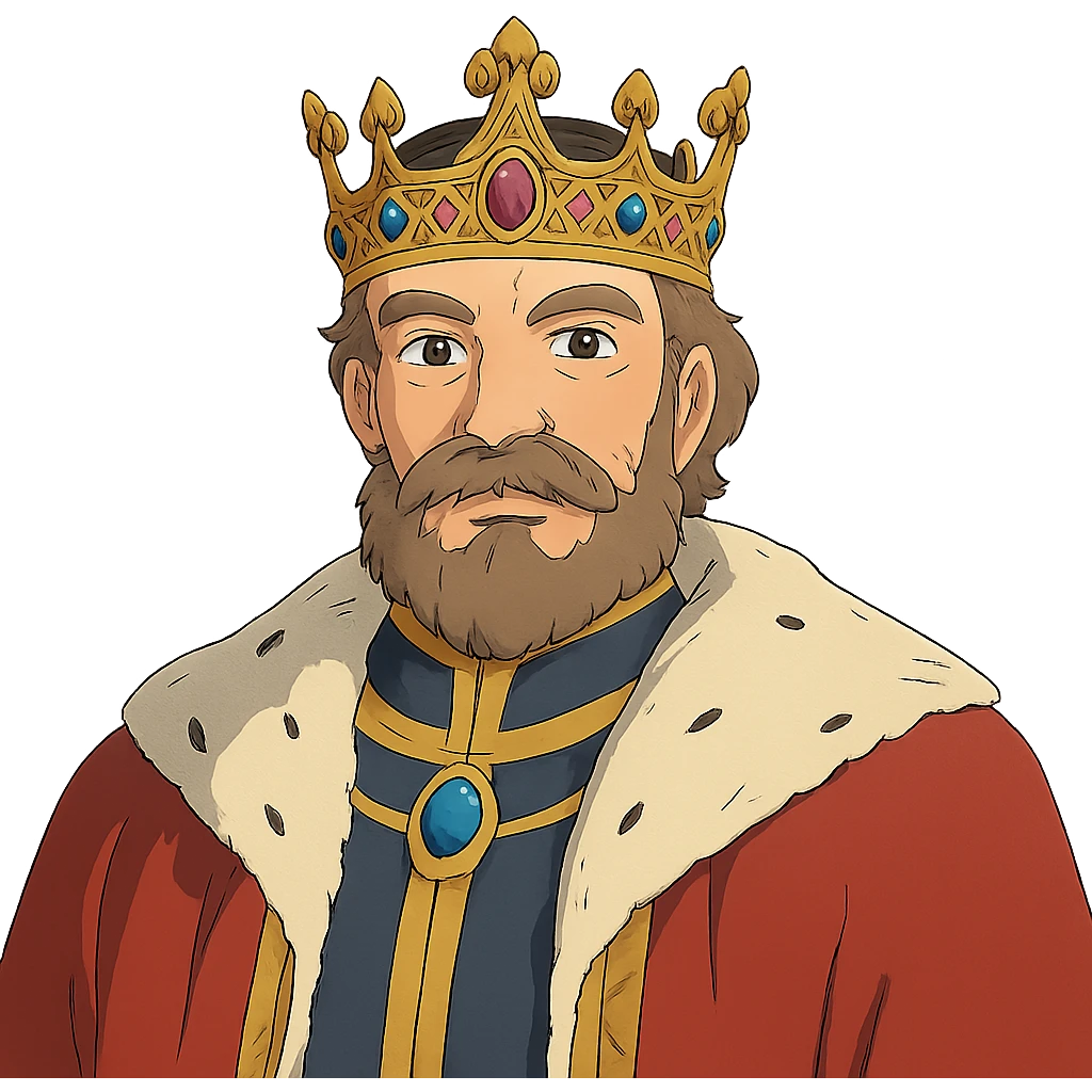 ghibli style regal king with ornate crown emoji