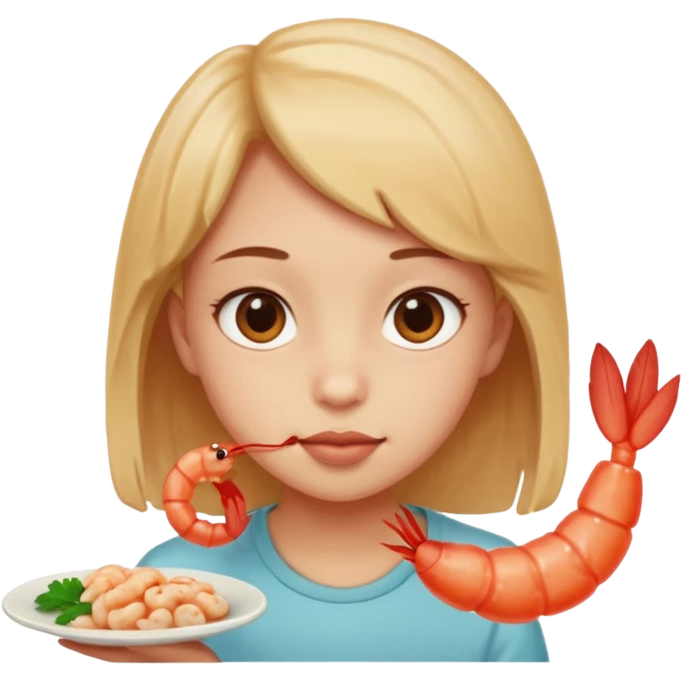 Emoji-style person tasting a weird-looking shrimp, curious expression, cute rounded face, soft shading emoji