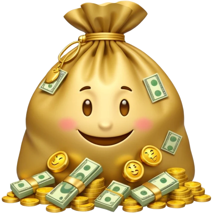 Luxury 3D emoji, overflowing money bag, stacks of cash, premium lighting, rich glossy look, ultra clean, transparent background


 emoji