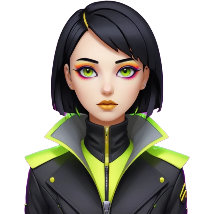 Cyberpunk woman, sleek black bob, gold neck cyberware, sharp eyeliner, high-collar designer jacket, neon lighting emoji