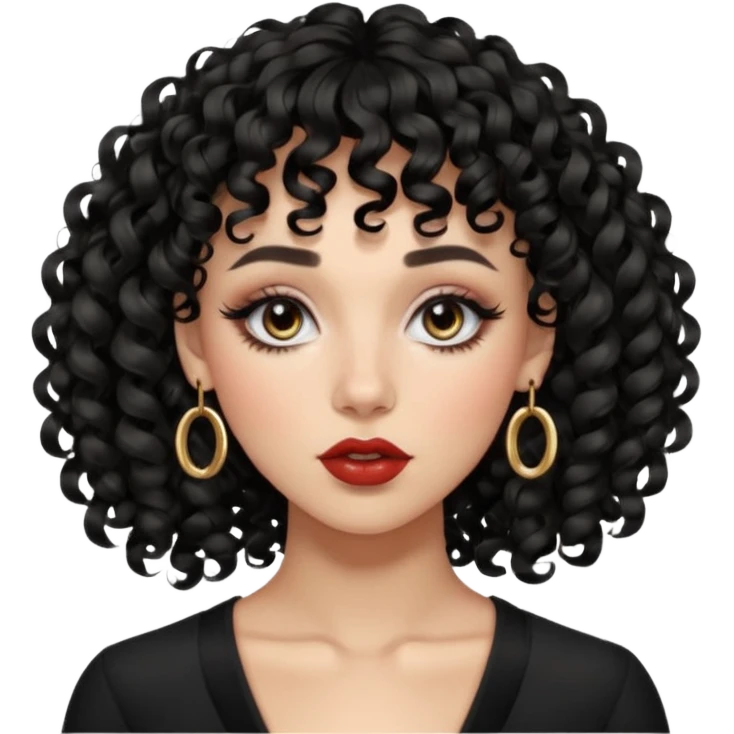 Woman with thick black lose curls and curly bangs, light eyes, fair skin, defined brows, high cheekbones, full lips, septum ring, soft glam makeup, confident expression. emoji