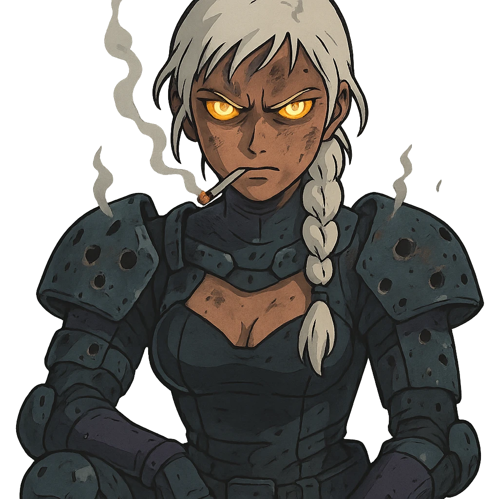  she is wearing armor, maximum power , armor riddled with bullet holes, smoking, vengeful aura demon glare eyes, a closeup portrait of young woman with gold yellow eyes, white hair, long braid, black off-shoulder top d-cup, punk gothic style, futuristic cyberwave cyberpunk, sitting position emoji