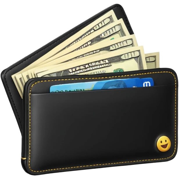 Rich emoji style black leather wallet with dollar bills, luxury money vibe, premium 3D emoji, ultra clean, high detail, no background
 emoji