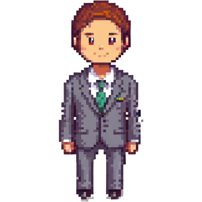 typical salesman wearing a suit with a friendly expression in pixel art style emoji