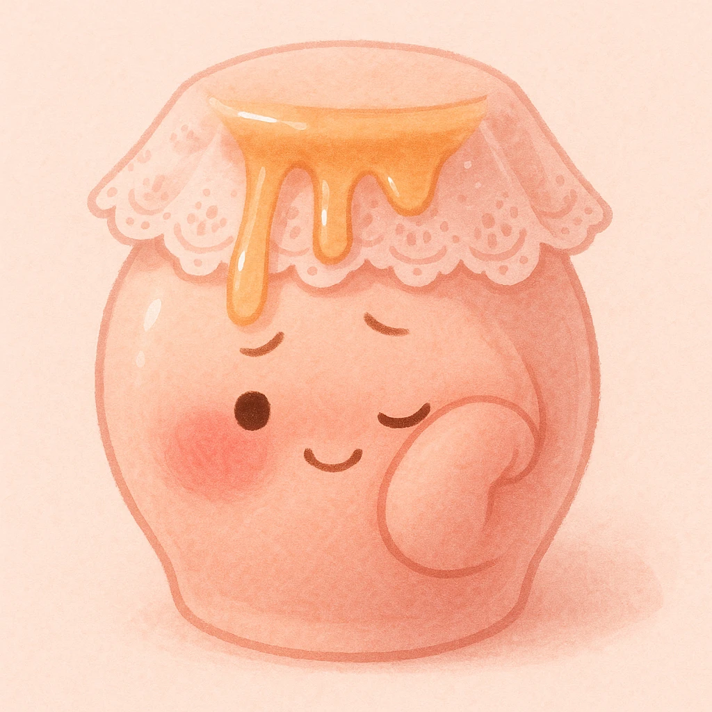 bashful honeypot character, rosy cheeks, lace veil, tiny smile, hiding behind its arm, honey drips softly, blush pink color scheme emoji