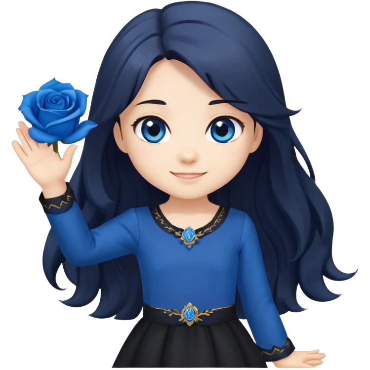 chibi girl with long dark hair, blue rose in hair, blue eyes, black dress, friendly smile, waving emoji