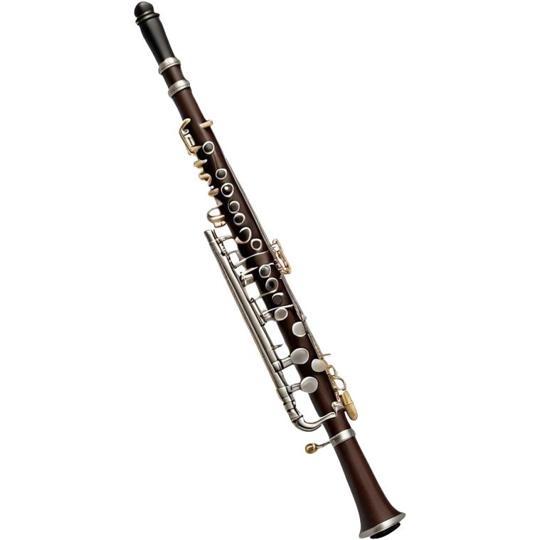 Create an elegant and detailed emoji representing a black oboe with a reed. The design should showcase the sleek, dark wood finish of the oboe, with the metal keys clearly visible. The reed should be delicately placed at the top of the instrument, emphasizing its essential role in producing sound. Add subtle details like the silver or brass accents on the keys to reflect the high-quality craftsmanship of the instrument. Use deep black, silver, and wood tones for the oboe to capture its sophisticated appearance. The background should be transparent. emoji