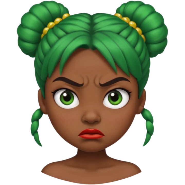 Create a 3D cartoon-style girl character with dark skin, round face, angry expression, big wide eyes, and tightly styled double buns made of green beaded hair. The girl should look irritated, eyebrows sharply angled, and lips pressed in a frown. emoji