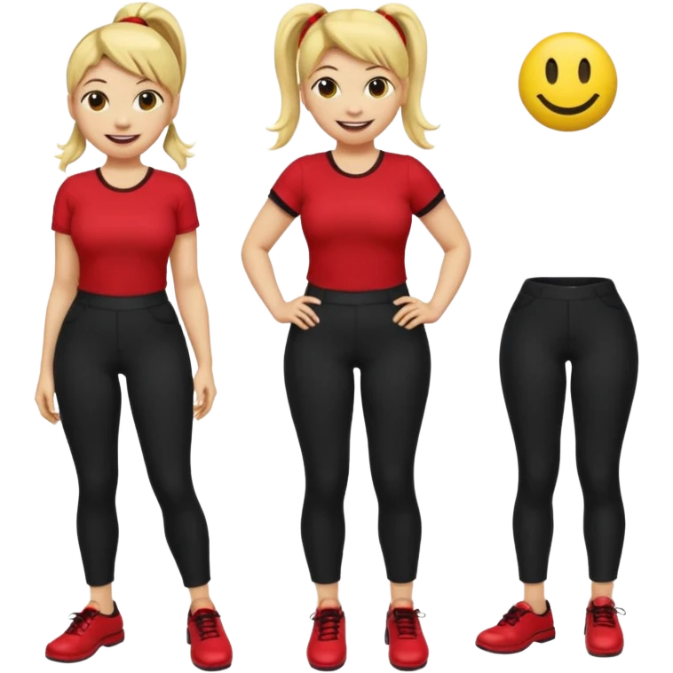 
A smiley yellow emoji (like 😊) with a ponytail, red shirt, big breasts, black pants, ass and red shoes. Also Make it more like emojis like 😀😃😇☺️😜🥰😎 emoji