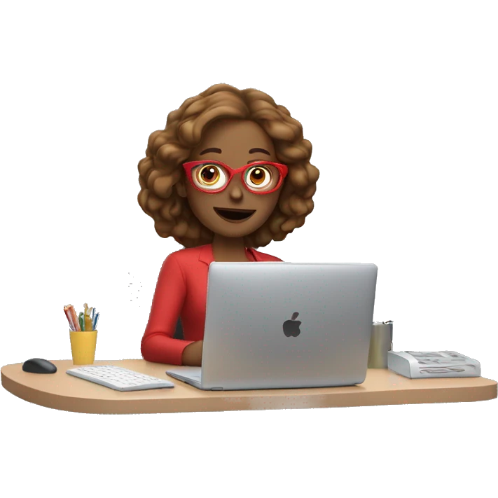  woman waving in front of computer, light brown hair up, red glasses emoji