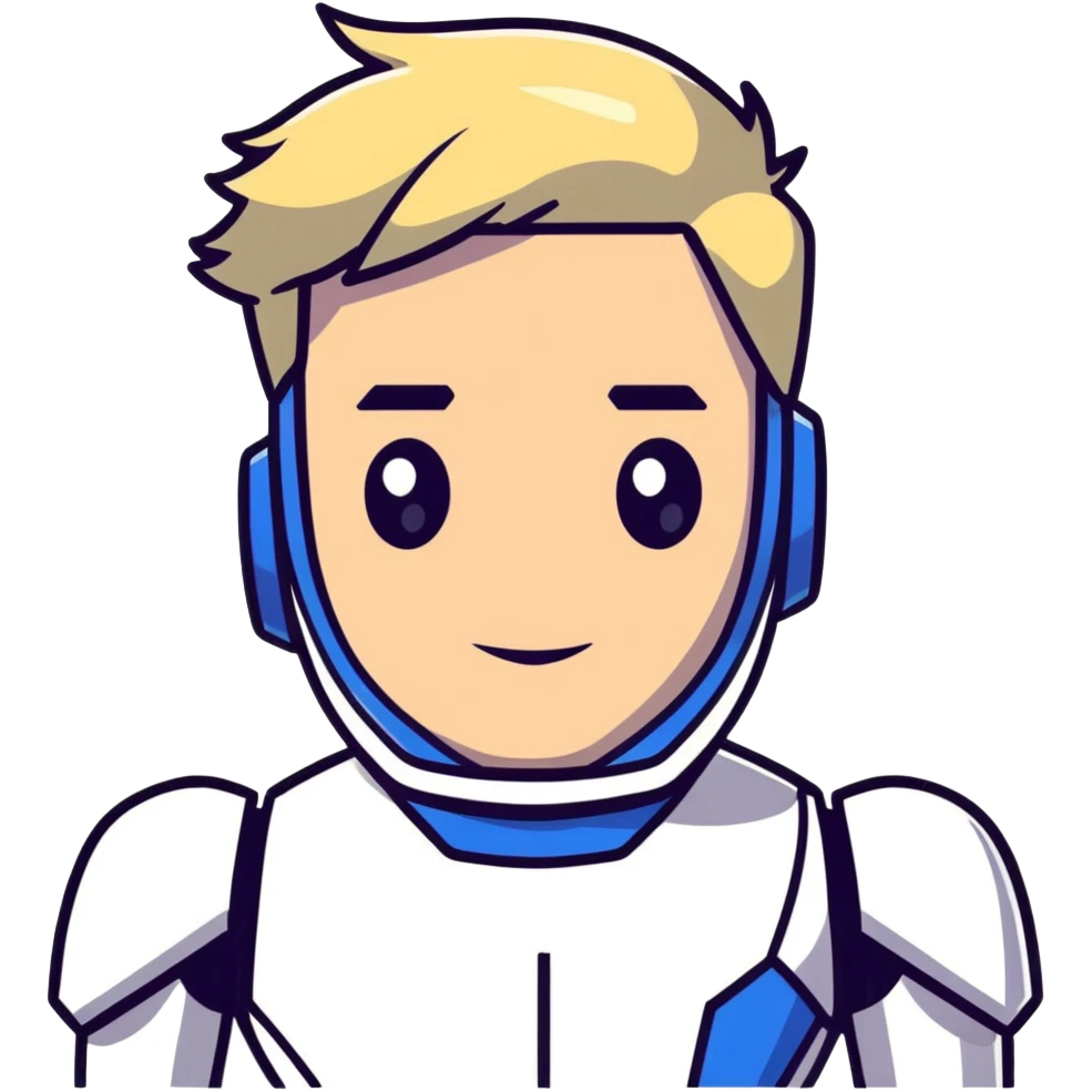 Male robot face with blond hair, sharp features, neutral expression, white collar, futuristic assistant emoji