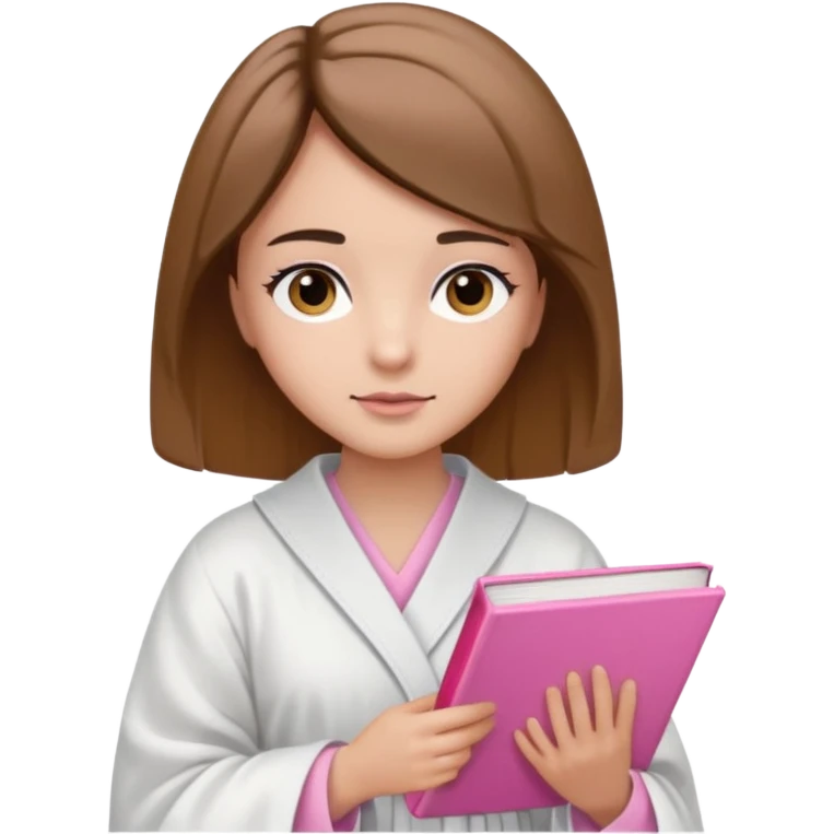 Девушка с короткими волосами до плеч русого цвета, с черными бровями, карие глаза, у неё белый халат, в руках она держит розовую книгу emoji