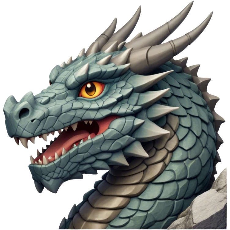Cinematic Noble Giant Rock Dragon Portrait Emoji, Poised and awe-inspiring, with a massive, rugged form carved from ancient stone, featuring intricately textured scales that resemble weathered granite and basalt, and piercing, stony eyes echoing the strength of timeless mountains; rendered with lifelike detail and earthy natural highlights, high shine, formidable and grounded, styled with an aura of primordial majesty, focused and resolute, soft glowing outline, capturing the essence of an enduring rock titan ready to surge from the screen with ageless power! emoji
