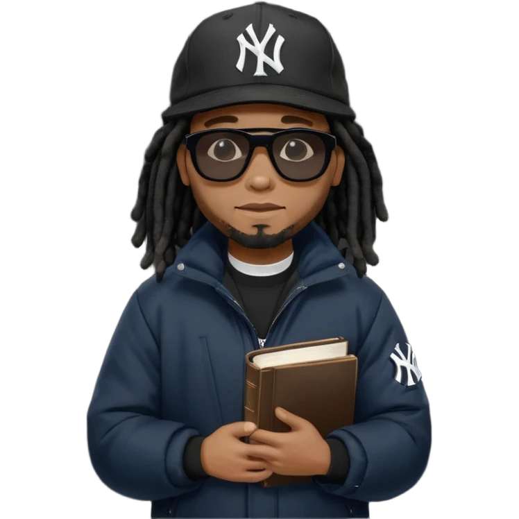 African American man with shoulder length black dreadlocks and black sunglasses wearing a black New York Yankees baseball hat with a North Face brand bubble winter coat holding a bible emoji