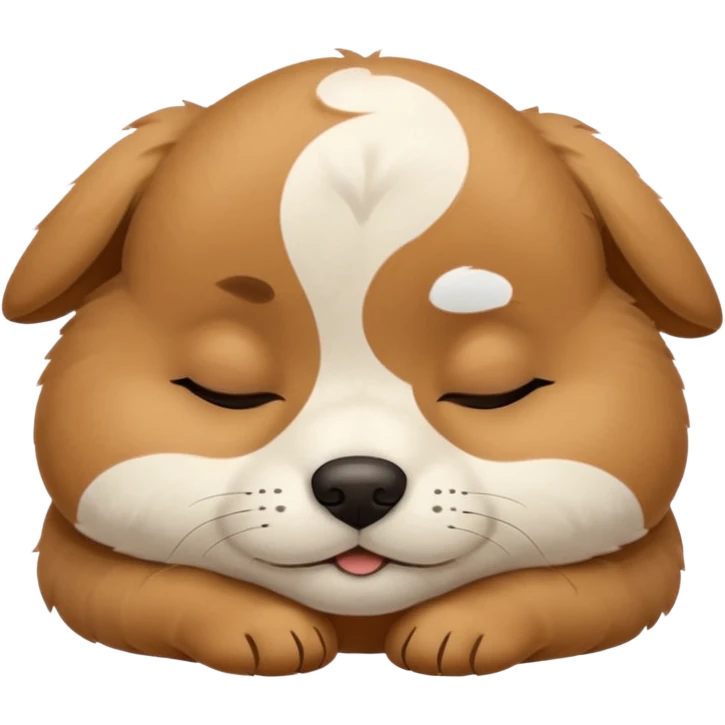 A cute, sleepy puppy face with closed eyes, a small dark nose, and light brown fur with some white markings, expressing peacefulness and innocence emoji