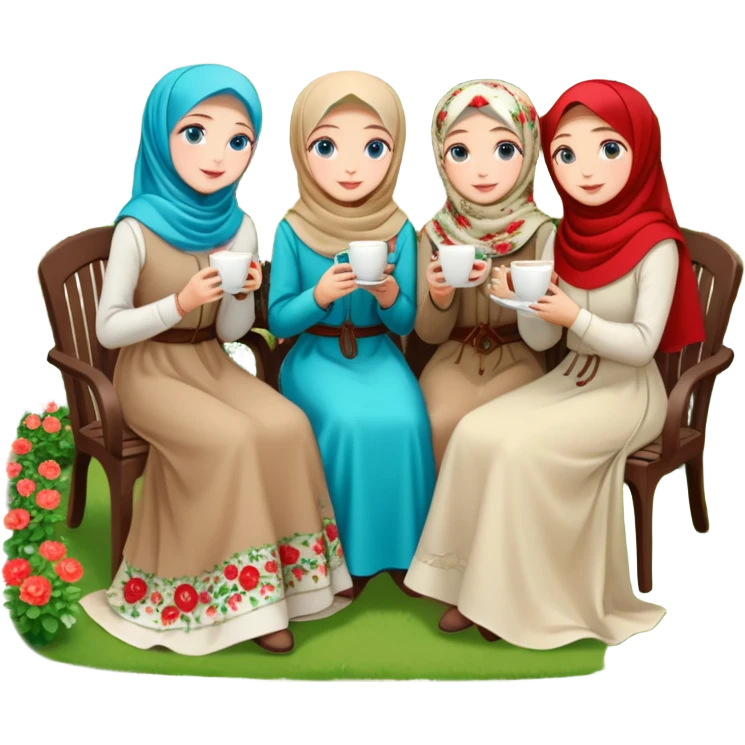 Turkish beautiful finish Konya girls blue eyes with Beautiful beige red green floral hijab long tail dress and this two friends sit in a lovely garden on the chair on the ground and holds cup coffe with her hand  emoji