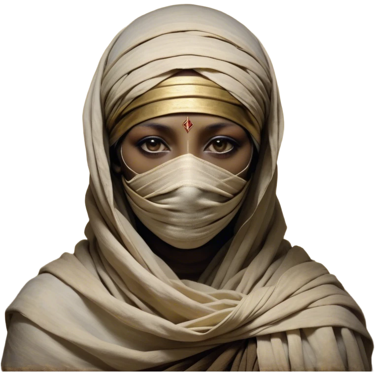 Regal and timeless, fully wrapped in meticulously aged bandages, even its face veiled in layers of ancient cloth with only faint glimpses of deep, solemn eyes peering through, adorned with faded gold accents, exuding an air of forgotten majesty and solemn duty, highly detailed, softly glowing, evoking the dignified mystery of an eternal guardian watching over lost secrets! emoji