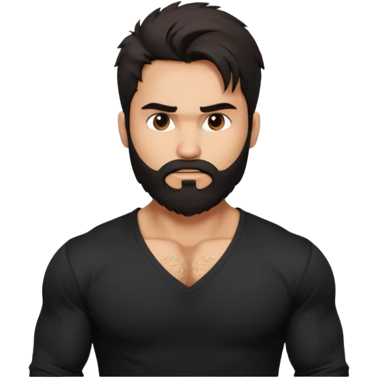 generate a pretty bratz Shahid kapoor with heavy beard and looking angry.
Make him wear a black full sleeve v neck tshirt. muscular but still lean
He shoudl look exactly like Shahid kapoor. Long messy black hair emoji