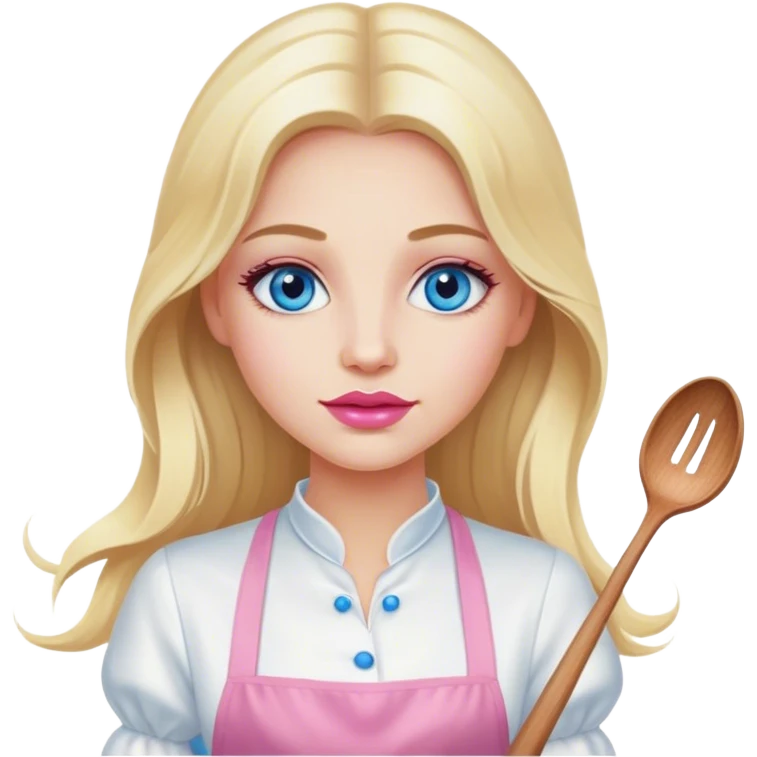Cinematic realistic beautiful blonde with long hair, blue eyes and pink lips in a white dress cooks emoji