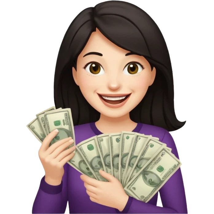 laughing dark haired woman holding lots of money emoji
