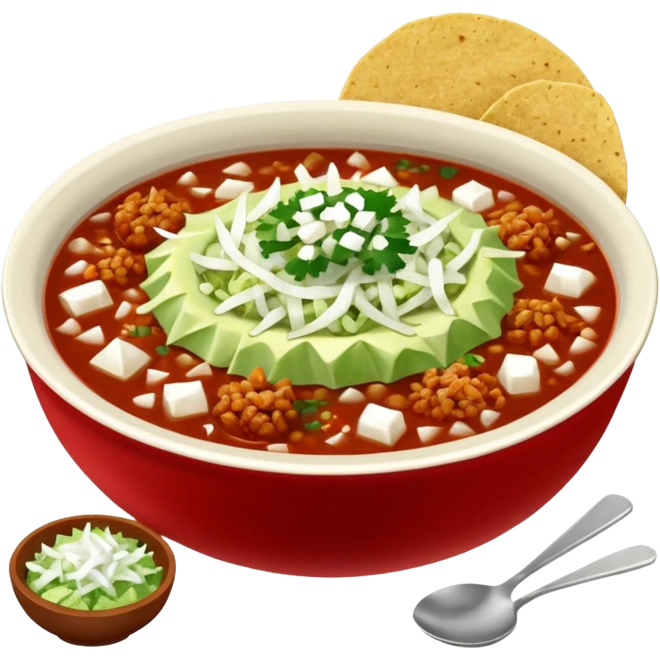 A delicious hot bowl of pozole rojo with separate sides: white chopped onions, green shredded cabbage, lime wedges, red chile de arbol salsa, and tostadas emoji