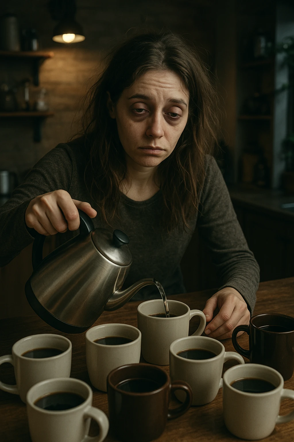 donna con stanchezza cronica distrutta e stanca che si fa tanti caffè emoji