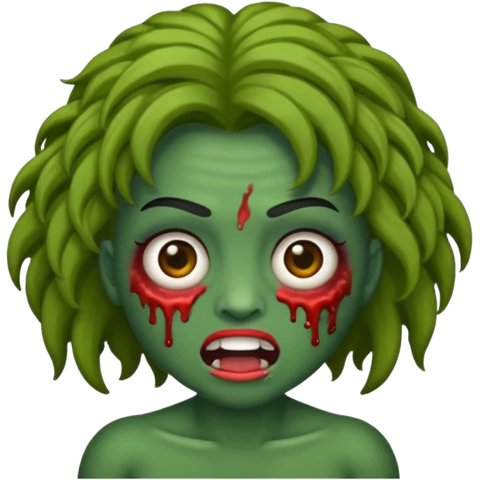 Faça um emoji de zumbi que se pareça comigo. Categorias: cabelo ondulados pretos, pele verde, usa aparelho! Personagem: feminina. emoji