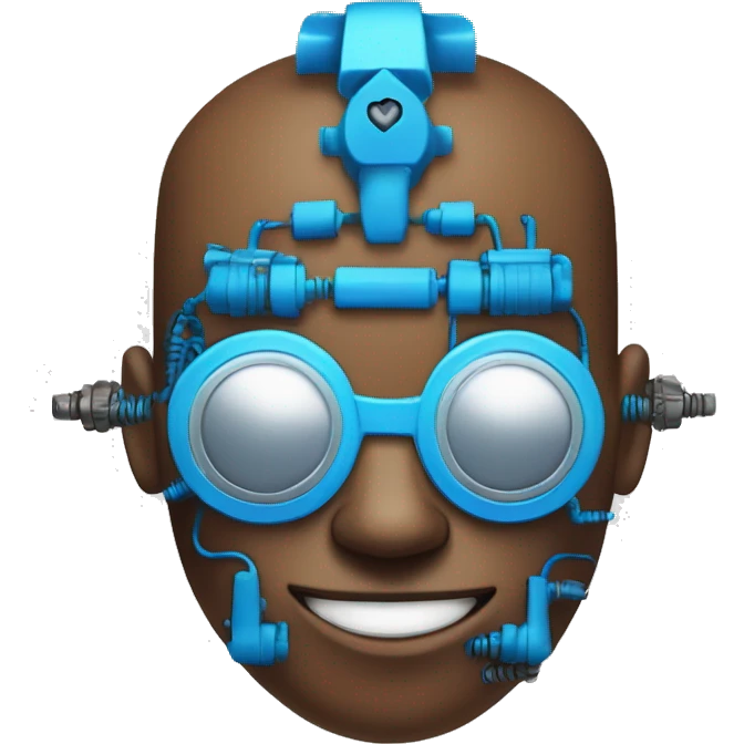 Brown cyborg head with blue Mohawk, blue beard, silver steampunk monocle goggles a smile and circuits emoji