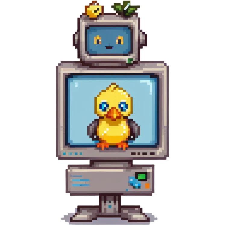 retro pixel art, vibrant colors, futuristic CRT monitor computer character, smiling face, robot arms, with cute yellow duck with big eyes, orange beak, fluffy feathers, blue bowtie, pixel gradient sky, clouds, warm, cheerful, clean lines, isometric or side view emoji