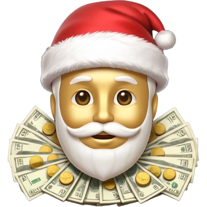 A confident rich emoji face wearing a Santa hat, money stacks, casino vibe, New Year theme, premium 3D emoji style, sharp details, no text, isolated on transparent background emoji