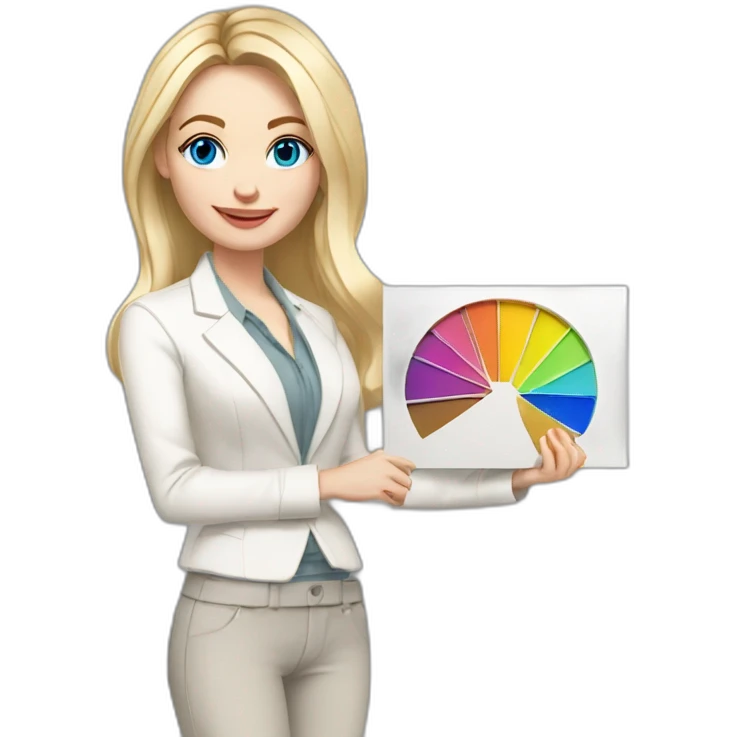 pale skin woman interior designer with blonde middle length straight line hair, blue eyes, White classical jacket, Gray Palazzo pants holding a color palette in the hands emoji