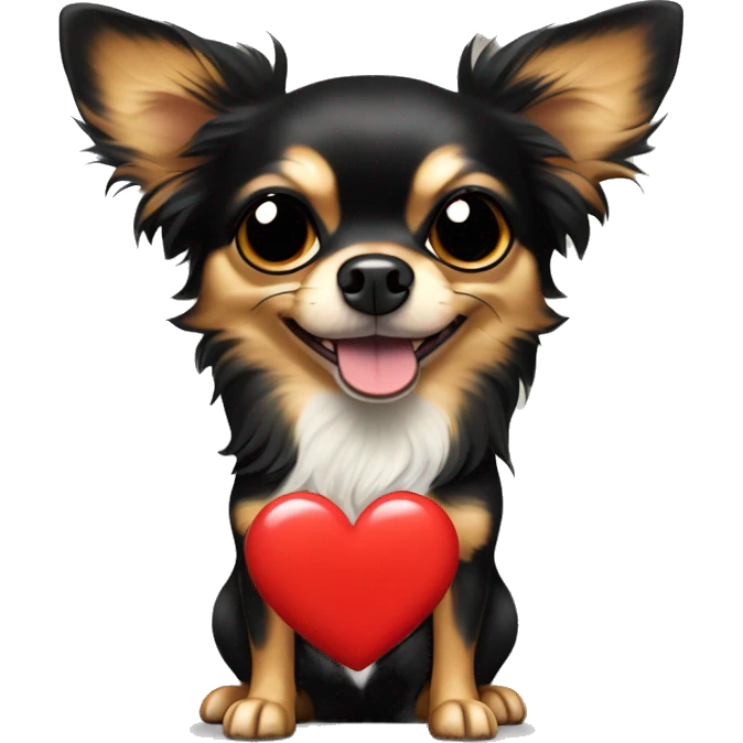 black and tan long-haired chihuahua holding big read heart emoji