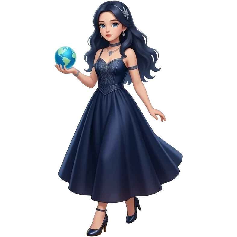 cinematic realistic - an elegant mystical girl in a long dark blue dress carries a small flashing globe in her hand and walks through a flaming ring emoji