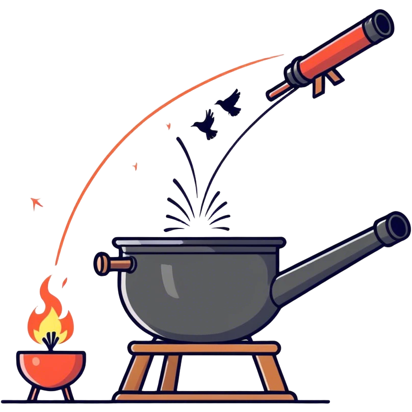 Birds flying around a boiling pot with a cannon shooting fireworks emoji