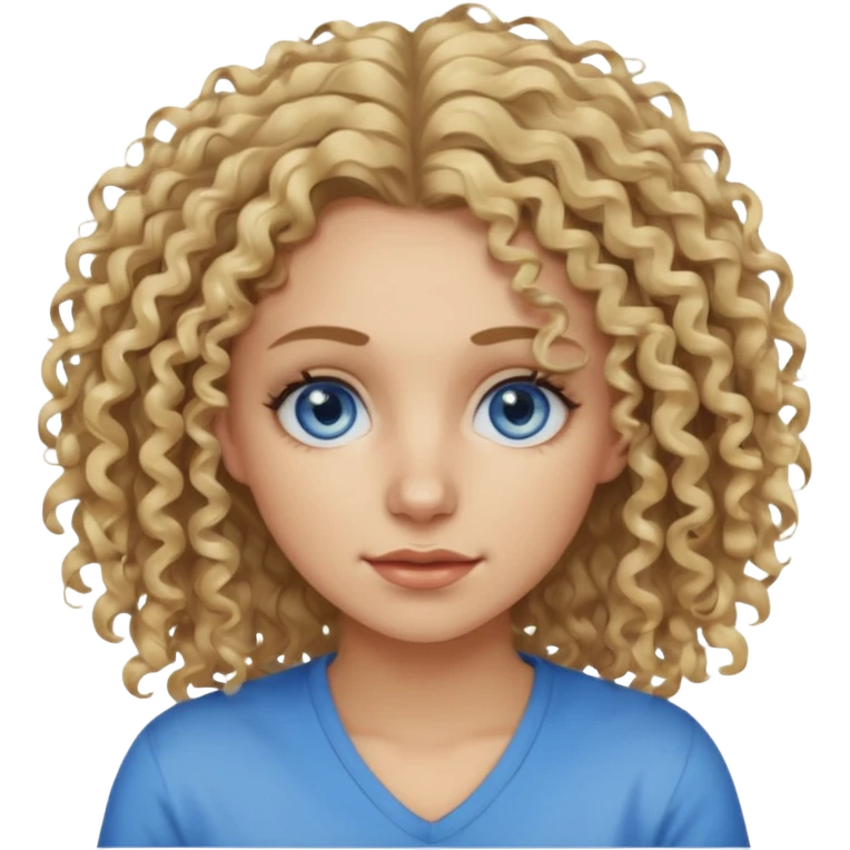 This is a 2D digital anime-style portrait of a female, caucasian, 29 years old light skin. The person has messy dirty blond curly hair, round blue eyes.  emoji