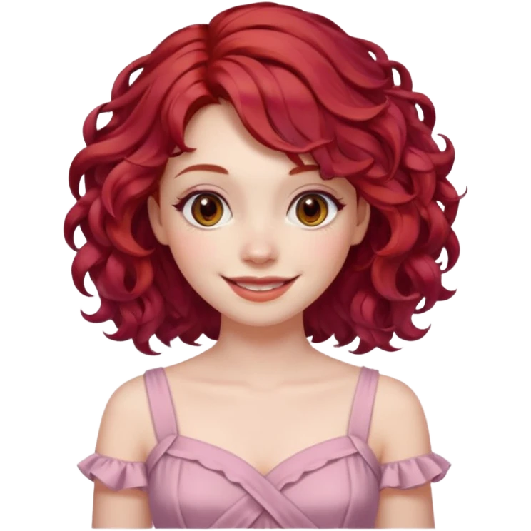 woman with shoulder length curly cherry red hair with brown eyes and pale skin smiling. pastel dress emoji