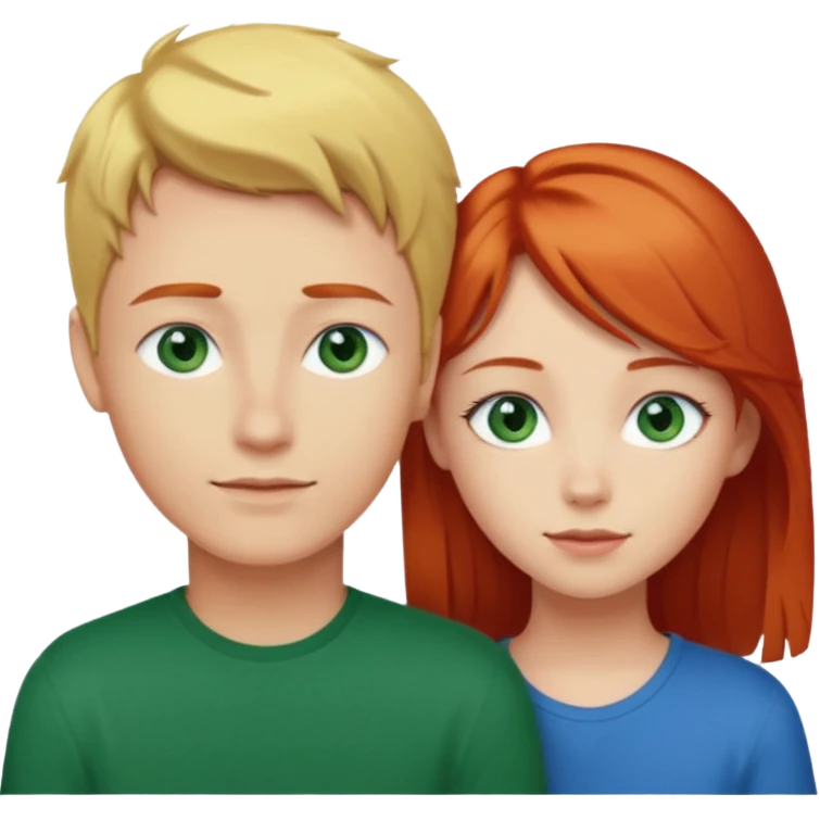 Blonde pretty girl with blue eyes, and taller red haired boy green eyes in love with each other emoji