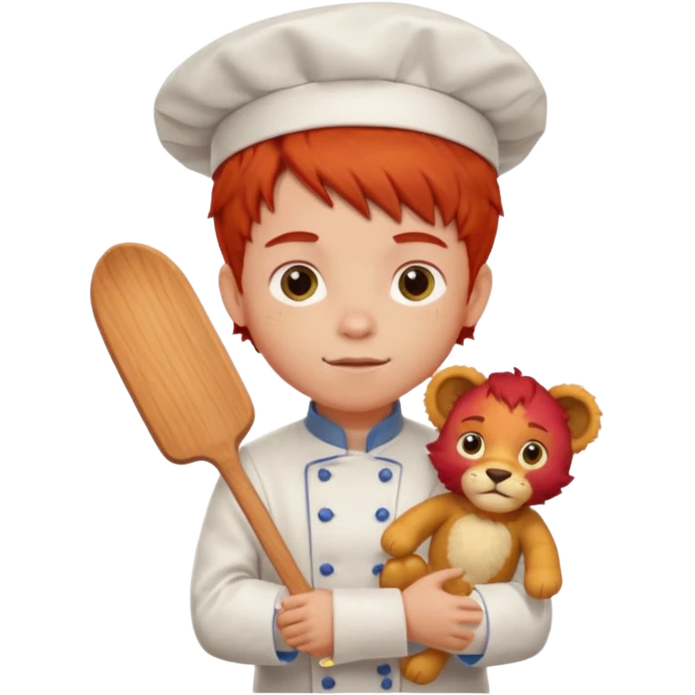 boy kid italian chef, red haired, uniform, holding plush lion emoji