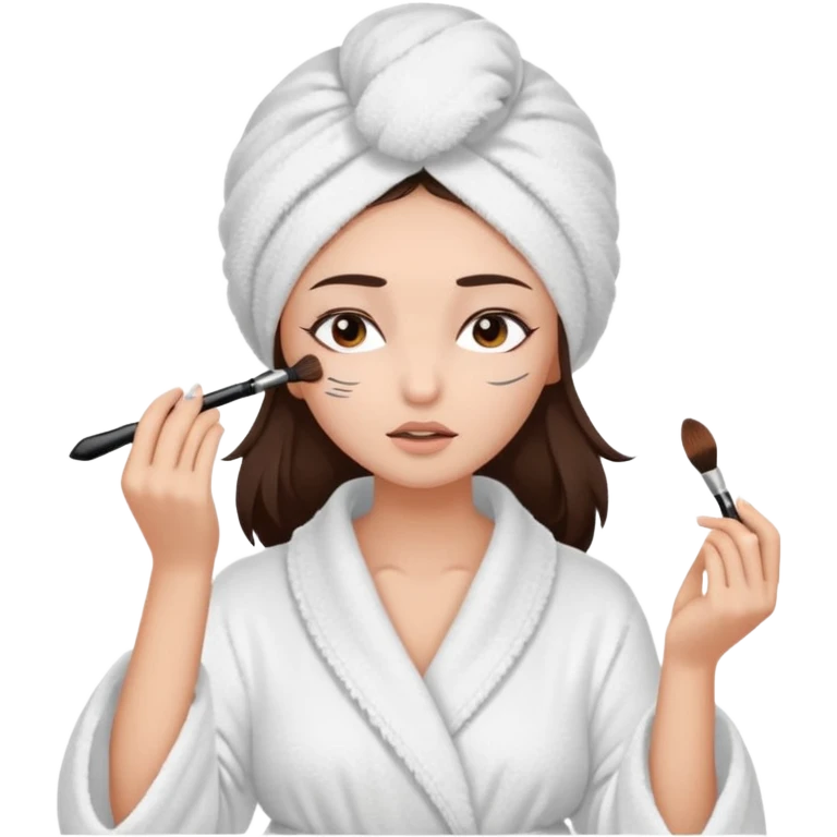 Girl with brown hair in white dressing gown and white towel wrapped in her head doing her makeup. Eyes closed white dark hair and towel wrapped differently doing mascara emoji
