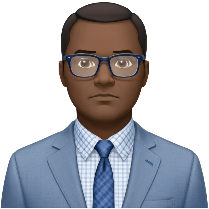Larger 50-year-old man with extremely wide square face and prominent jawline. Full head of short straight dark hair with some gray, combed neatly to the side. Large dark square-framed glasses. Serious expression. Wearing a light gray blazer over a white button-up shirt with blue checkered pattern. emoji