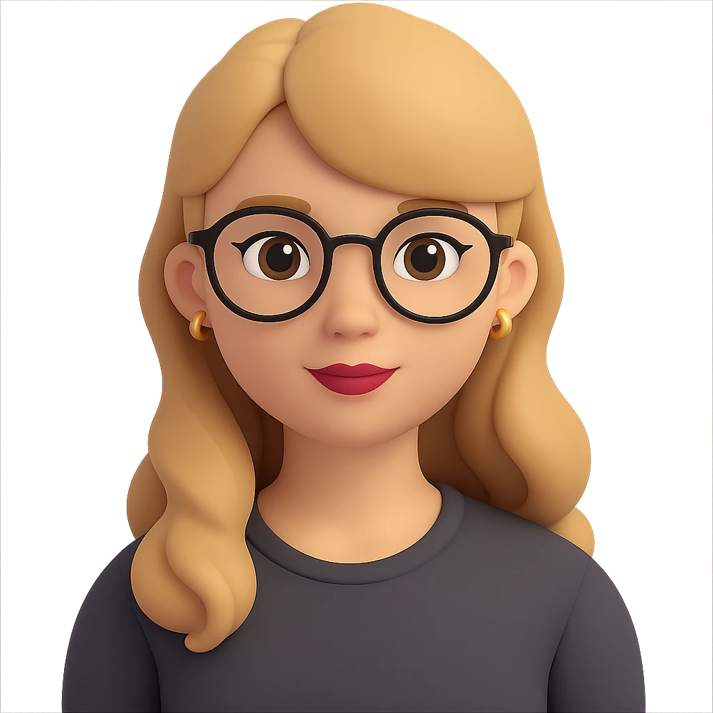 Add glasses to the girl with light brown hair, style general, with transparent background. emoji