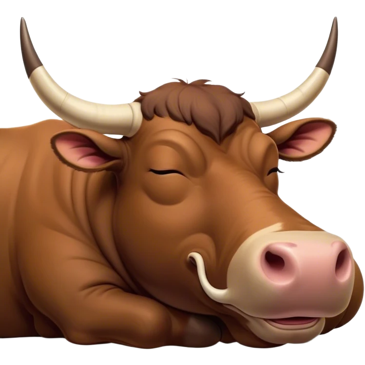 Meme-Worthy Cute Sleeping Brown Bull Portrait Emoji, Head resting peacefully with a contented smile, showcasing a robust, massive build and a luxuriously soft rich brown hide, eyes shut in a serene, restful nap, Simplified yet hilariously adorable features, highly detailed, glowing with a soft, drowsy light, high shine, relaxed and utterly lovable, stylized with an air of playful laziness, bright and heartwarming, soft glowing outline, capturing the essence of a comically sleepy guardian, so meme-worthy it feels like it could instantly become the next viral sensation of adorable slumber! emoji