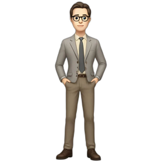 Full height Pale skinned Fit Man With dark brown hair in gray jacket, beige office shirt, tie, Brown pants and vintage glasses. Thrumbs of his palms directed up emoji