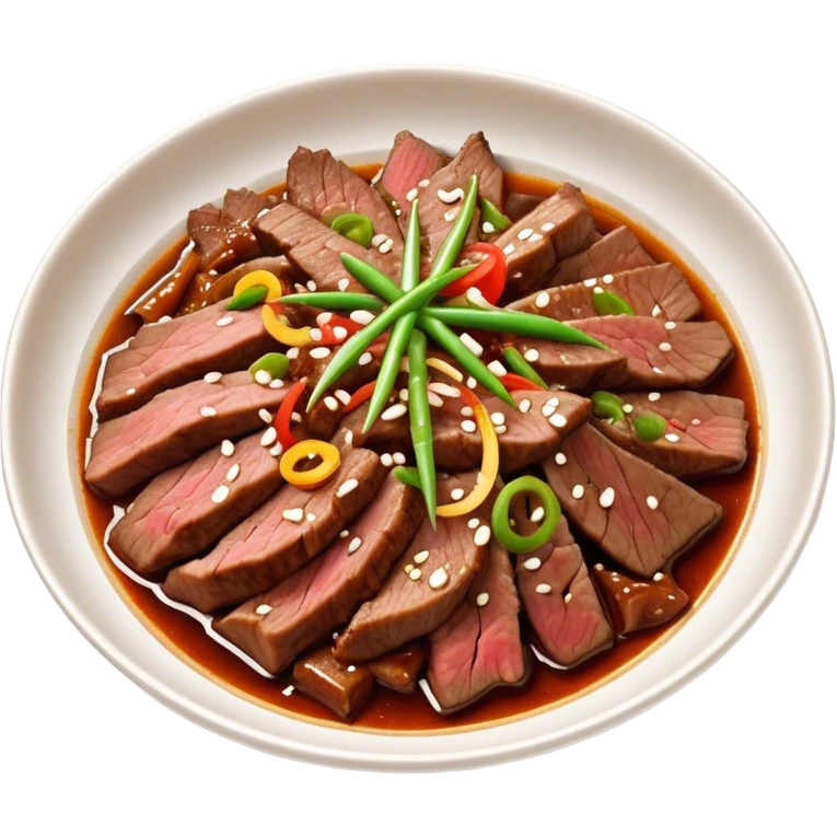 Bulgogi Cinematic Realistic Bulgogi Dish Emoji, depicted as thinly sliced, marinated beef stir-fried to perfection, rendered with dynamic textures and vibrant, appetizing lighting. emoji