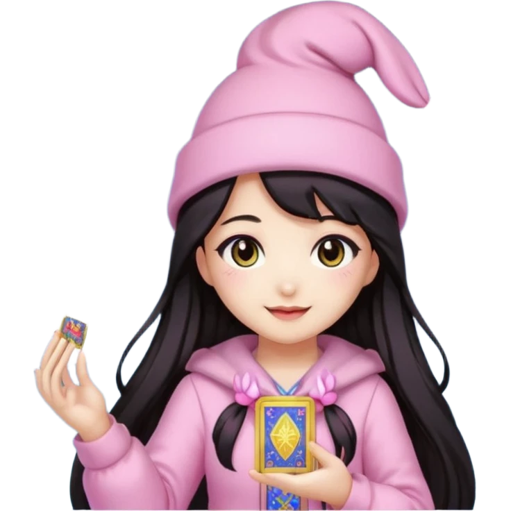 pixel art chibi asian girl with dark long hair in pink bunny hat magical girl with kawaii tarot cards thrown in air pixel emoji emoji