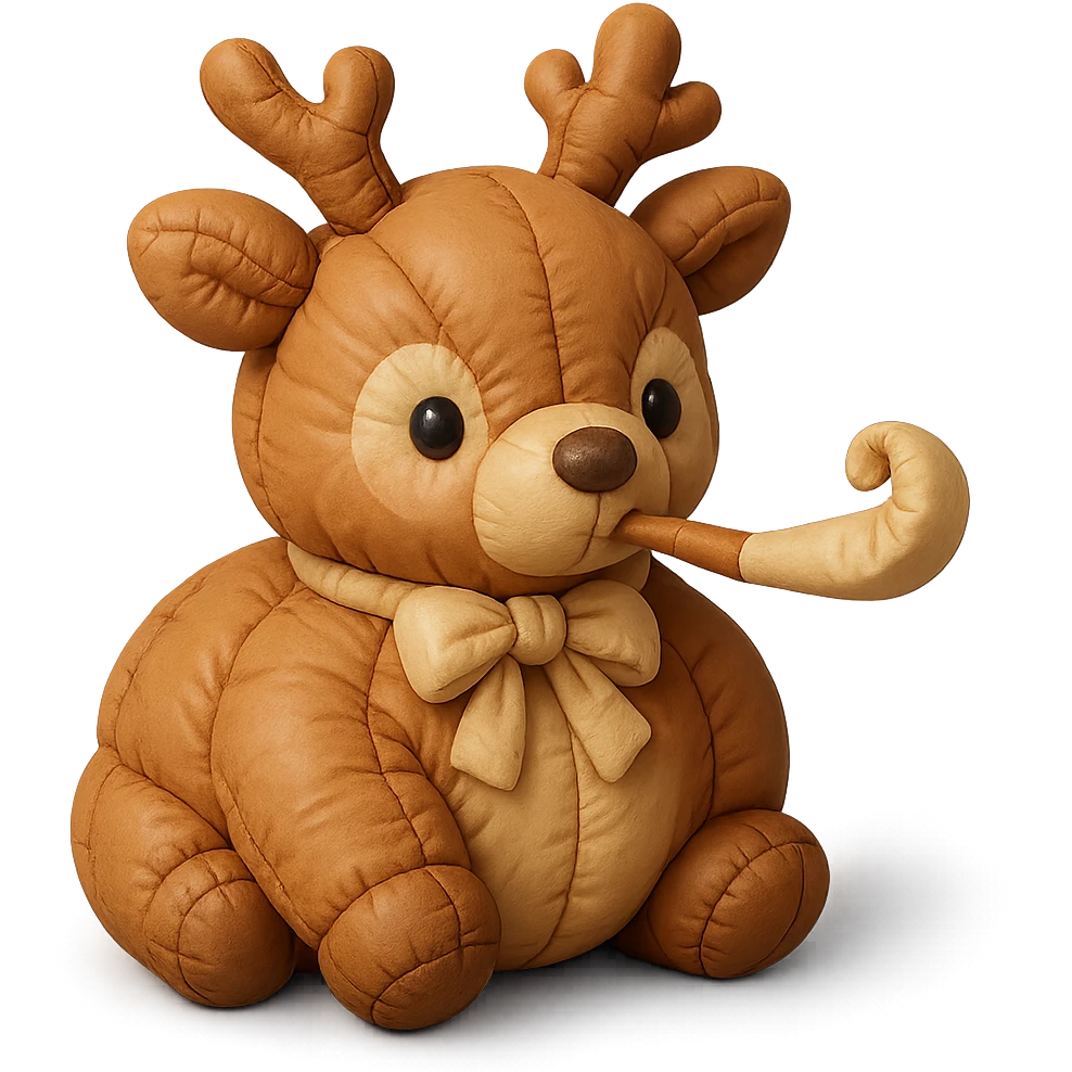 deer with a ribbon scarf holding a birthday horn emoji