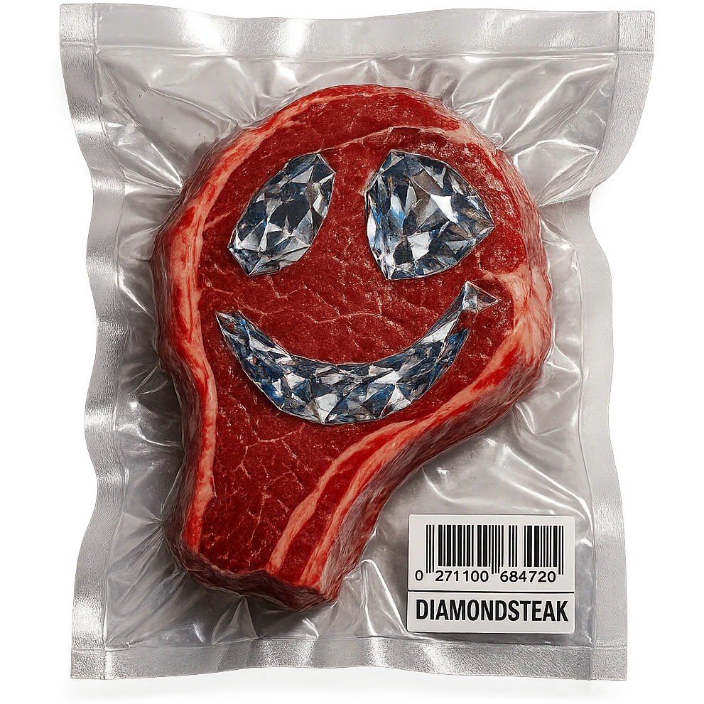 meat steak with sparkling diamond facets, glossy and puffy, vacuum-sealed style emoji