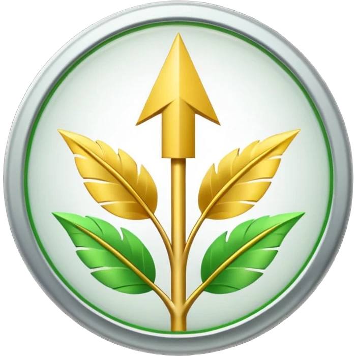 "A simple, strong, rounded arrow pointing upwards, encased within a circle made of two green, curved leaves. Use bright, contrasting colors (green and yellow/gold) for vitality. Minimalist 32x32 pixel emoji icon. Transparent background." emoji